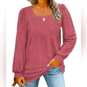 Soft Heathered Red Square Neck Sweater Gathered Sleeve At Shoulder Size L NEW